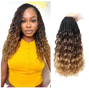 14” Goddess Box Braids Crochet Hair Ombre Boho Curly Ends 7 Pack Pre Looped GWP